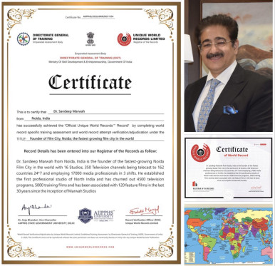 Unique World Records Honored Sandeep Marwah with Certification