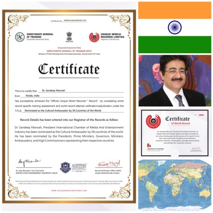 Sixth World Record of Sandeep Marwah Approved by Unique Book of World Records